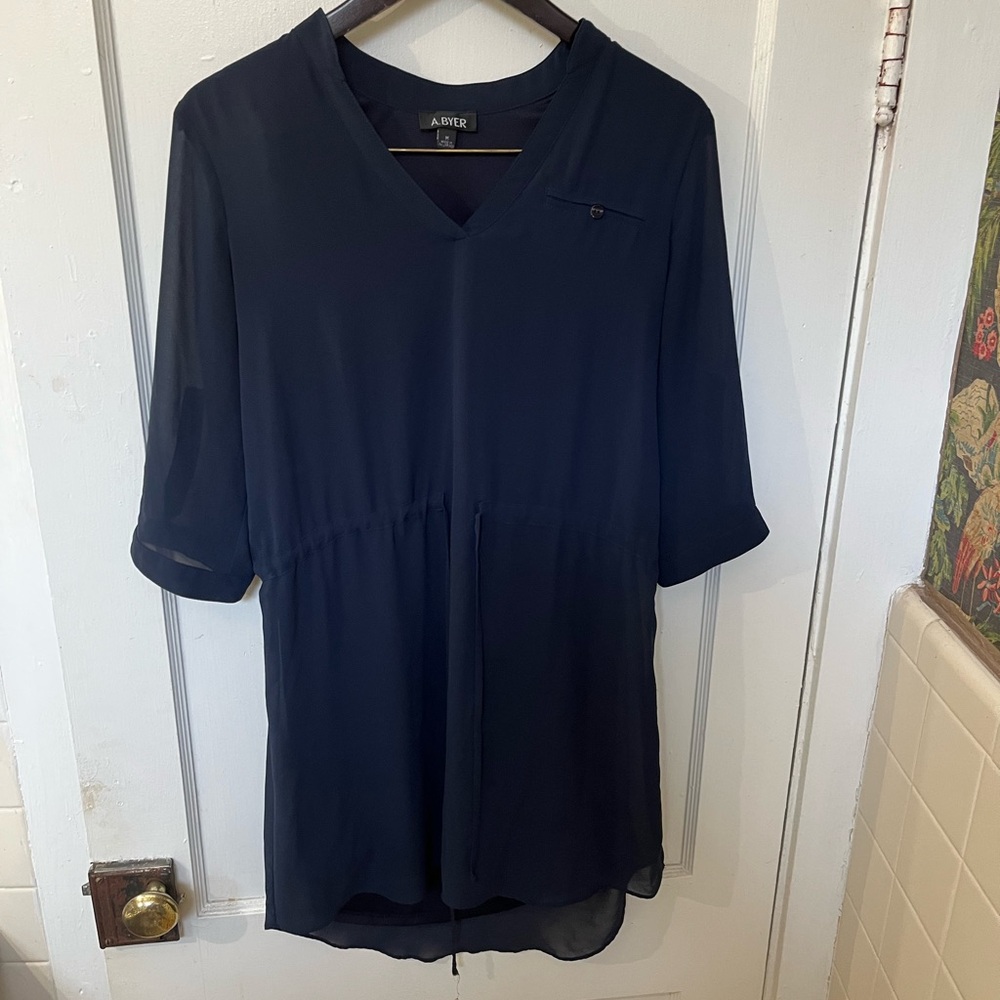 A. Byer Navy Sheer Sleeve Drawstring Waist Shirt Dress - Size Medium